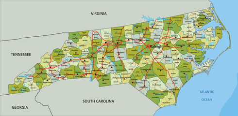 Highly detailed editable political map with separated layers. North Carolina.