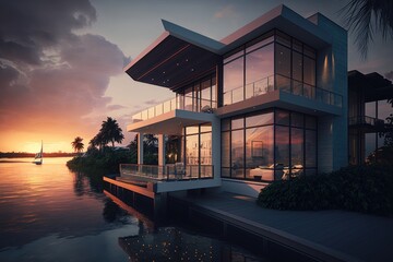 Obraz premium Sunset at Luxury Waterfront Modern Home generative ai