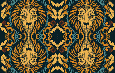 Ethnic lion fabric pattern. Abstract traditional folk antique graphic line lion. Fabric textile lion vector illustration ornate elegant luxury vintage retro style. Art print design for clothing etc.
