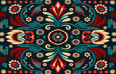 Floral seamless fabric pattern on black background. Abstract fabric textile line graphic flower blooming antique. Ethnic colorful flowers garden vector ornate elegant luxury vintage retro style.