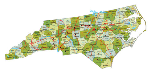 Highly detailed editable political map with separated layers. North Carolina.
