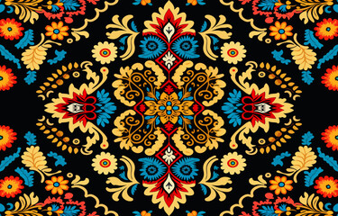 Floral seamless fabric pattern on black background. Abstract fabric textile line graphic flower blooming antique. Ethnic colorful flowers garden vector ornate elegant luxury vintage retro style.