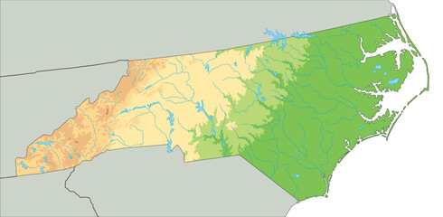 High detailed North Carolina physical map.