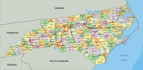 North Carolina - Highly detailed editable political map with labeling.