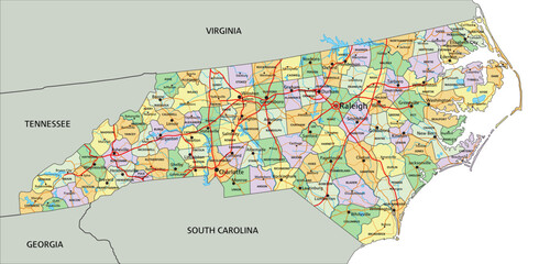 North Carolina - Highly detailed editable political map with labeling.