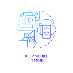 Fototapeta premium Keep mobile in mind blue gradient concept icon. Ads in applications. Social media advertising tip abstract idea thin line illustration. Isolated outline drawing. Myriad Pro-Bold font used