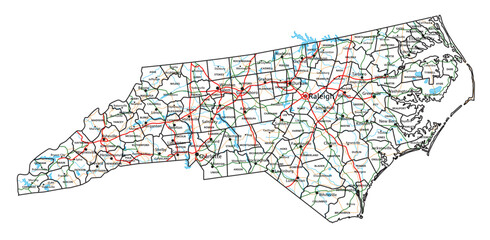 North Carolina road and highway map. Vector illustration.