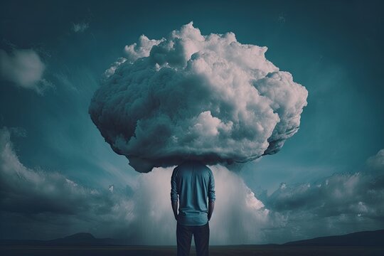 A Mental Health Concept. Of A Man With His Head In His Hands Vanishing Into Clouds Generative Ai