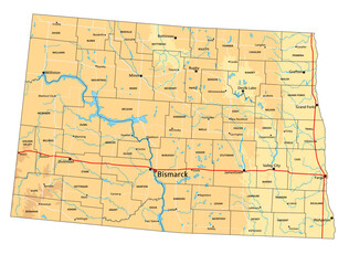 Highly detailed North Dakota physical map with labeling.