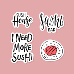 Sushi bar logo set. Handwritten inscription and sushi roll sketch doodle vector. Lettering design. Sign for Card, Label, Poster, bar logo, menu design, label element. Japanese food and roll symbol.