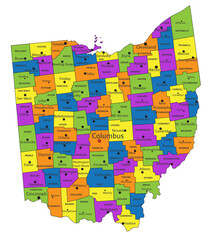 Colorful Ohio political map with clearly labeled, separated layers. Vector illustration.