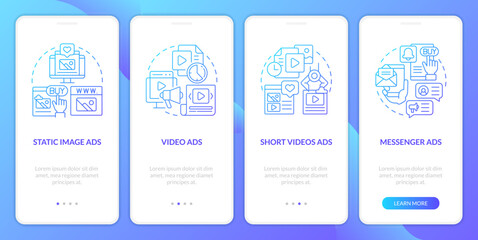 Types of social media ads blue gradient onboarding mobile app screen. Promo walkthrough 4 steps graphic instructions with linear concepts. UI, UX, GUI template. Myriad Pro-Bold, Regular fonts used