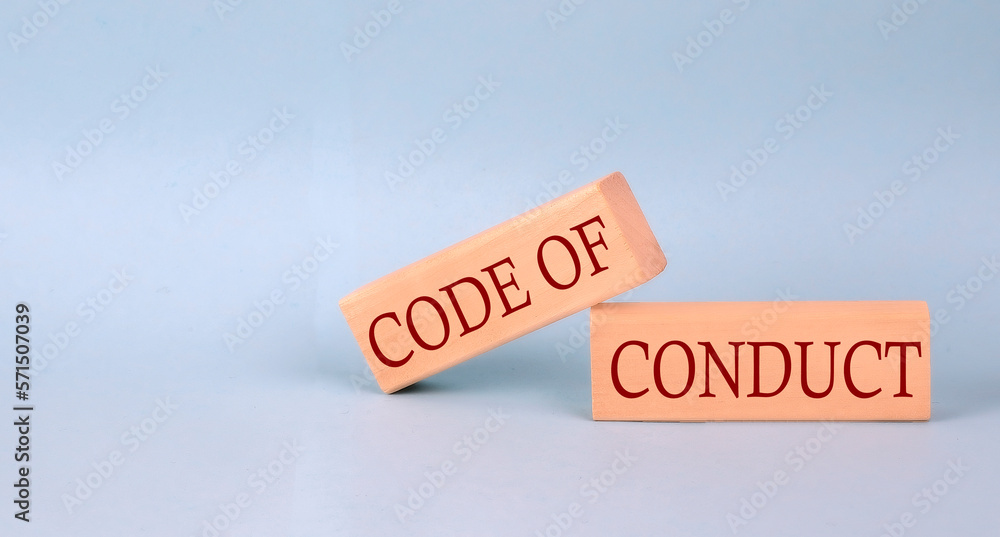 Poster code of conduct text on the wooden block, blue background