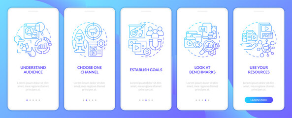 Start social media advertising blue gradient onboarding mobile app screen. Walkthrough 5 steps graphic instructions with linear concepts. UI, UX, GUI template. Myriad Pro-Bold, Regular fonts used