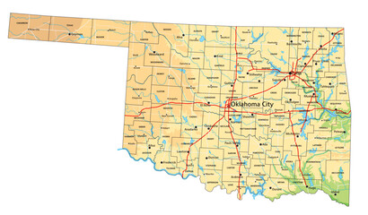 High detailed Oklahoma physical map with labeling. - 571507046