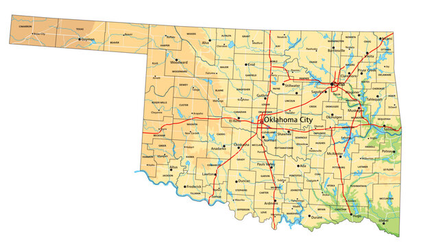 High detailed Oklahoma physical map with labeling.