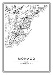 Fototapeta na wymiar Black and white printable Monaco city map, poster design, vector illistration.