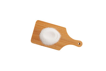 Pile of Isomalt or Isomaltitol  powder on wooden board, isolated on white background. Food additive E963, sweetener, sugar substitute used in food industry. Confectionery ingredient
