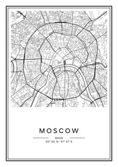 Black and white printable Moscow city map, poster design, vector illistration.