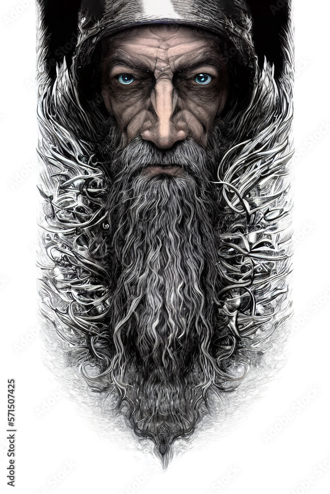 Sticker portrait of a male wise dark wizard created with Generative AI technology