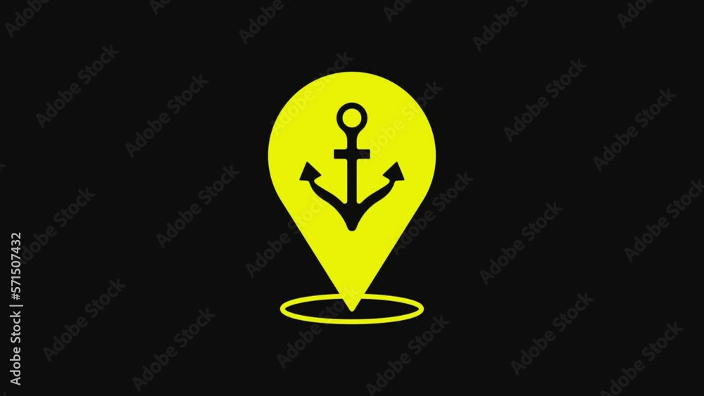 Poster yellow map pointer with anchor icon isolated on black background. 4k video motion graphic animation
