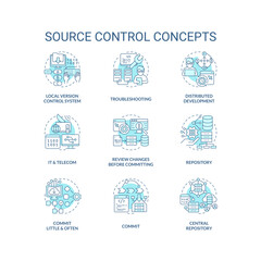 Source control turquoise concept icons set. Tracking and managing changes to code idea thin line color illustrations. Isolated symbols. Editable stroke. Roboto-Medium, Myriad Pro-Bold fonts used