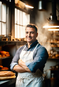 Portrait of a baker in his bakery, he looks at the camera smiling, arms crossed. Generative AI