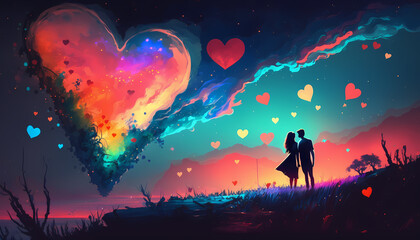 Couple kissing in the Night, Beautiful Colorful Glowing Star Hearth, Silhouette Love Background - Illustration generativ ai