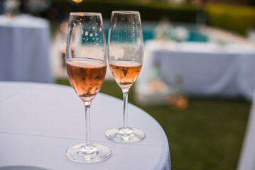 Glasses of rose wine  in a restaurant