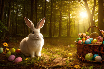 cute easter bunny in forest with easter eggs