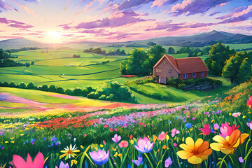 spring landscape with flowers and houses