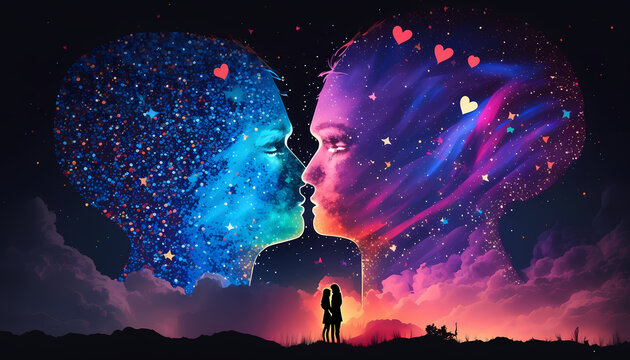 Couple kissing in the Night, Beautiful Colorful Glowing Star Hearth, Silhouette Love Background - Illustration generativ ai