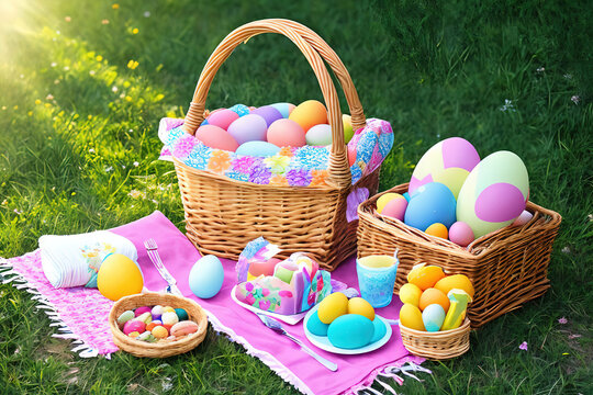 easter basket with easter eggs, picnic, egg hunt