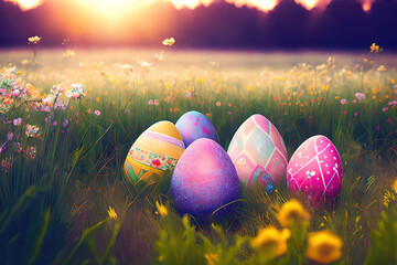easter eggs in grass, A springtime meadow with Easter eggs and flowers, pastel colors, soft lighting
