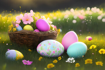 easter eggs in a basket, A springtime meadow with Easter eggs and flowers, pastel colors, soft lighting
