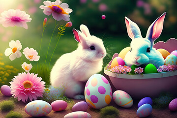 A whimsical Easter garden with flowers and rabbits, soft colors, dreamy mood