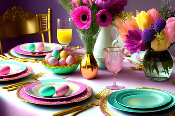 A festive Easter brunch table, pastel colored tableware, bright and airy lighting
