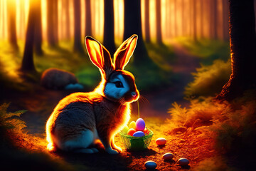 Easter bunny and Easter basket, moody lighting, warm colors