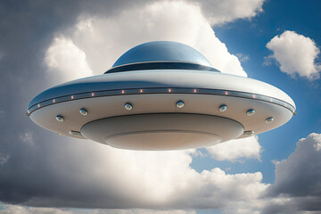 Fototapeta na wymiar flying saucer shaped ufo, in the blue sky with clouds, Generative ai
