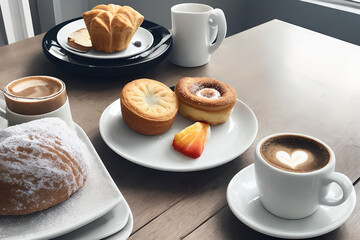 A refreshing morning routine with coffee and pastries, soft lighting, cozy and rejuvenating mood