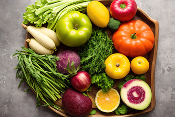 A still life of fresh organic produce, emphasizing natural textures, vibrant colors, and a wholesome, uplifting mood