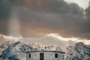 Round yurt in the autumn steppe