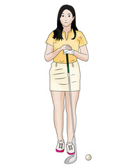 A asian lady playing golf, illustration, isolated on transparent background 	