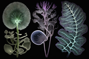 a set of X-ray flowers. Digital artwork for creative graphic design. Generative AI
