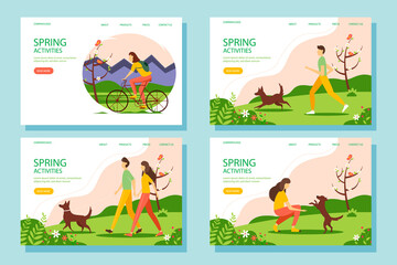 Naklejka premium Spring activity web banner set. The concept of an active and healthy lifestyle. illustration in flat style.