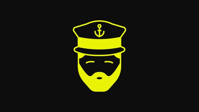 Yellow Captain of ship icon isolated on black background. Travel tourism nautical transport. Voyage passenger ship, cruise liner. 4K Video motion graphic animation