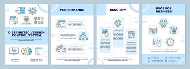 Distributed version control system blue brochure template. Leaflet design with linear icons. Editable 4 vector layouts for presentation, annual reports. Arial-Black, Myriad Pro-Regular fonts used