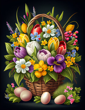 Easter basket with colorful flowers and decorated eggs; easter holiday, ai generated 