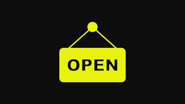Yellow Hanging sign with text Open door icon isolated on black background. 4K Video motion graphic animation