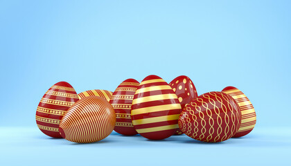 3d render of 8 red and gold easter eggs on blue background. - Vacation background